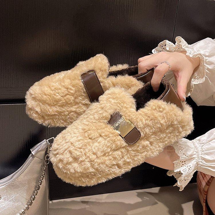 

One-pedal wool shoes for women s spring and autumn 2025 new popular lamb wool comfortable and versatile soft-soled velvet thermal cotton shoes 40 хаки