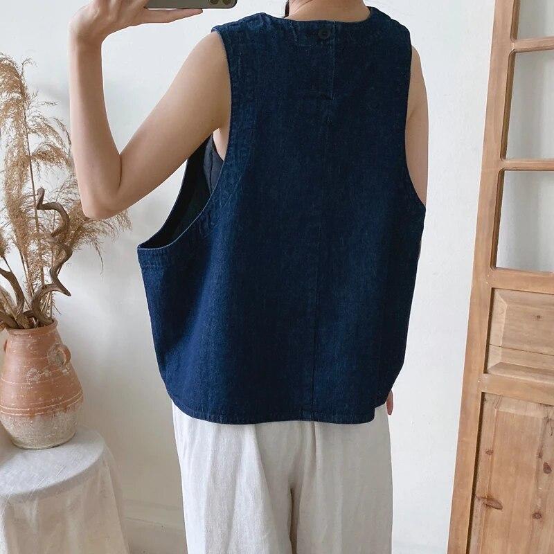 Johnature Ärmellose All-Match-Westen Sommer Casual Einfache lose Taschen O-Ausschnitt Damen Tops