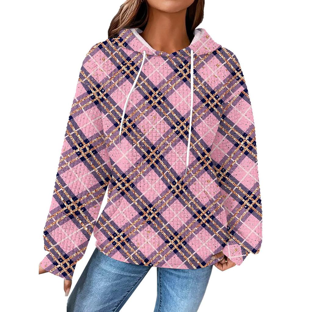 Women's Fashion Loose Hooded Pullover Long Sleeve Plaid Sweatshirt with Drawstring Drop Shoulder and Pocket Print Top