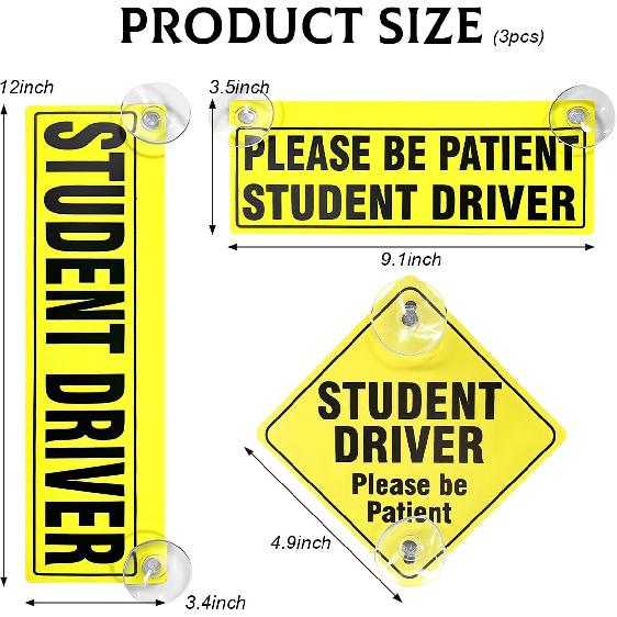 3 PCS Student Driver Sticker, Removable Reble New Driver Sign with Suction Cups, Please Be Patient Novice Driver Safety Warning, Rookie Driver