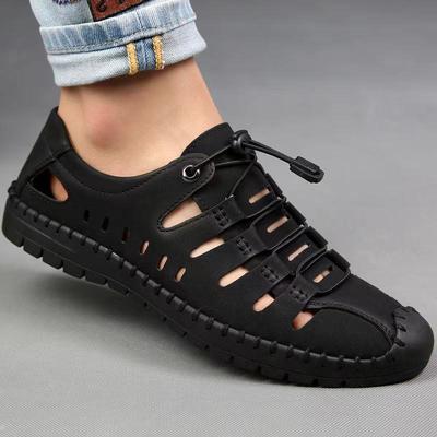 Summer Men's Sandals Hollow Leather Shoes Soft Casual Cool Leather Shoes Breathable Hole Shoes Summer Middle-aged and Elderly Dad Shoes