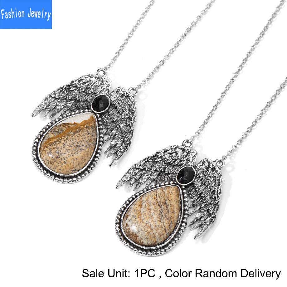 European and American Trendy Personalized Angel Wings Natural Crystal Stone Drop-shaped Pendant Necklace Jewelry