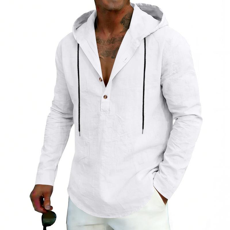 New Men’s Linen Plus-size Hooded Long-sleeved Top – Casual Plain-colour Hoodie