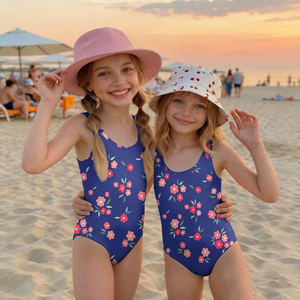 Girls Floral Print One Piece Swimsuit Summer Casual Kids Swimwear Lightweight Comfortable Fabric Suitable for Beach Pool Water Activities