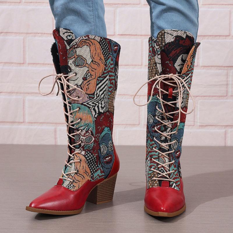 

Size 35-43 Ethnic Style Women s Embroidered Mid-Calf Boots High Heel Leather Booties Bohemian Fashion Autumn Shoes Botas Mujer 43 червоний
