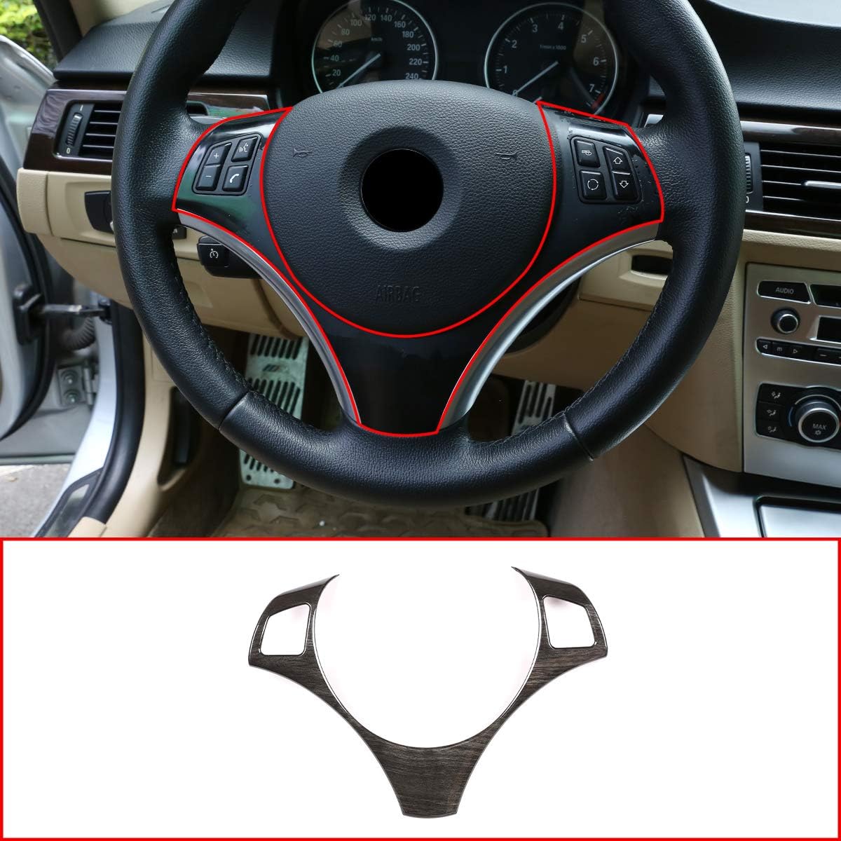 

4 Styles ABS Chrome For BMW E90 3 Series 2005-2012 Car Steering Wheel Decoration Frame Trim Accessories (Black Wood Grain) Black Wood Grain