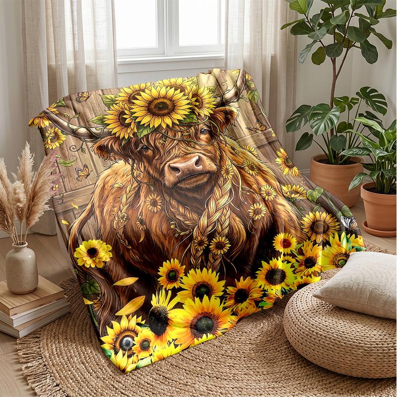 Sunflower Cow Tower Theme Blanket Lightweight Warm Flannel Blanket Decorative Throw Blanket for Home Decoration
