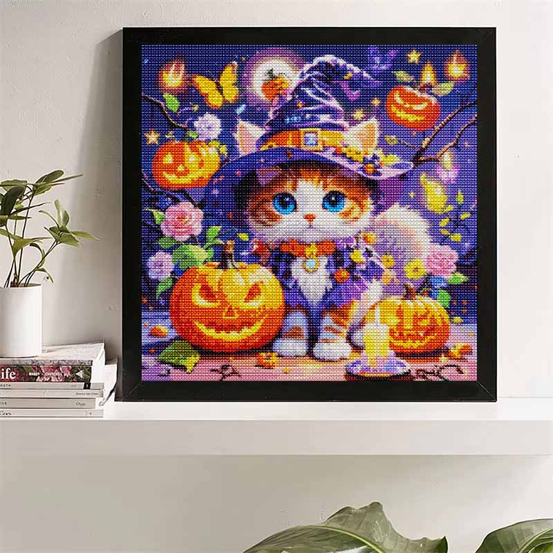 DIY Diamond Art Painting Kit Cute Halloween Witch Cat Pumpkin Pattern Full Drill Canvas Creative Handmade Craft Gift for Adults