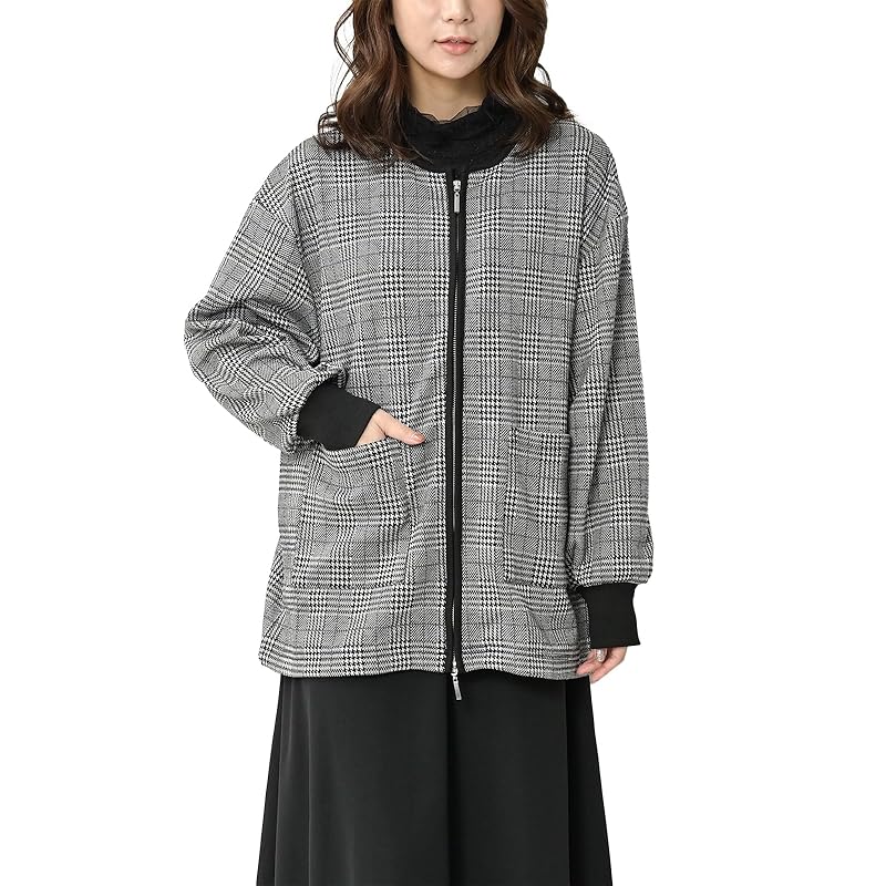 

[JANJAM] big size ladies blouson cordigan long sleeve zip up houndstooth pattern back shaggy outer Black x white 3L