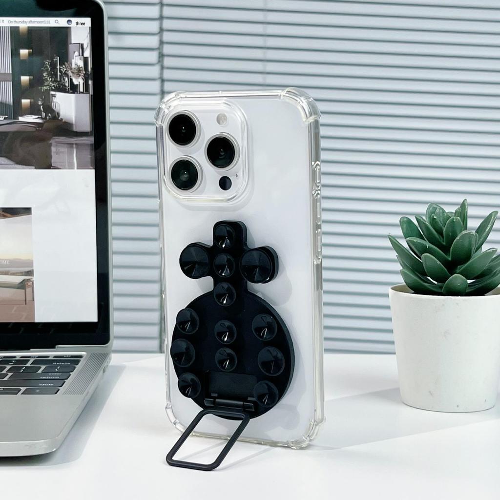 Magnetic Liquid Silicone Phone Case with Adhesive Metal Ring and Retractable Suction Cup Stand