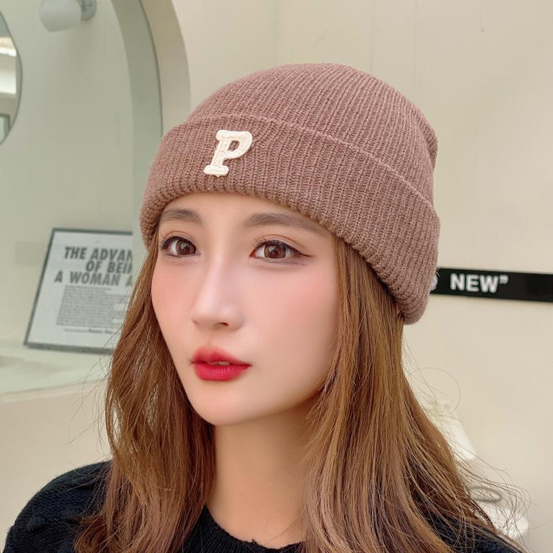 Winter Knitted Hat for Women Warm Pullover Hat P Shaped Bag Head Trendy Face Small Korean Version Wool Hat Men