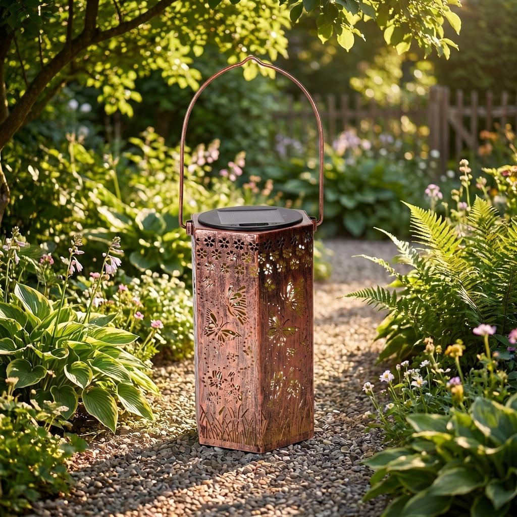 Solar Powered Outdoor Garden Lantern with Decorative Cutout Metal Frame Hanging Handle for Patio Yard Pathway Lighting