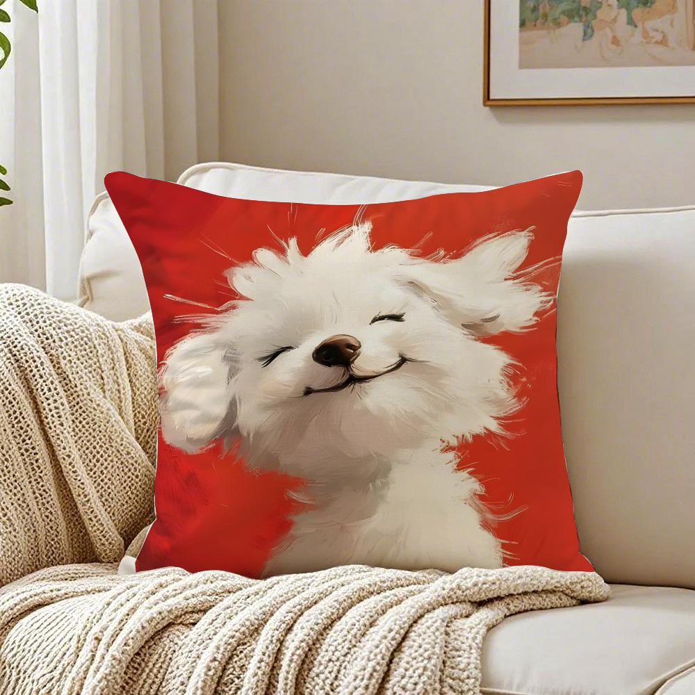 BBichon Frise Cushion Cover Linen Pillowcase Soft for Sofa Bed Home Room Decor