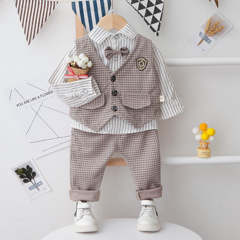 2024 Spring & Autumn Baby Boy Houndstooth Suit: Vest, Long Sleeve Shirt, and Pants