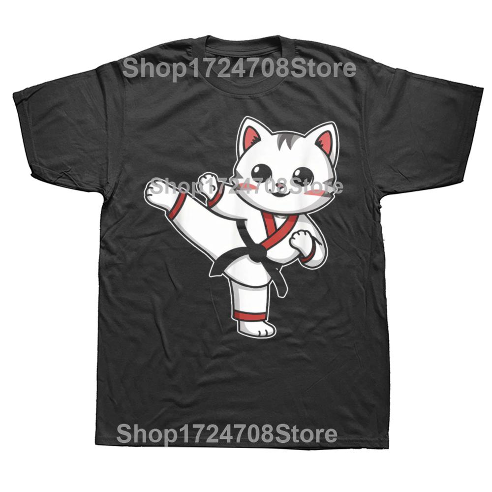 Karate Taekwondo Funny Cat Jiu Jitsu Korean Martial Arts Kick Fighting T Shirt Oversize Printed Casual Tee Casual Short Sleeve