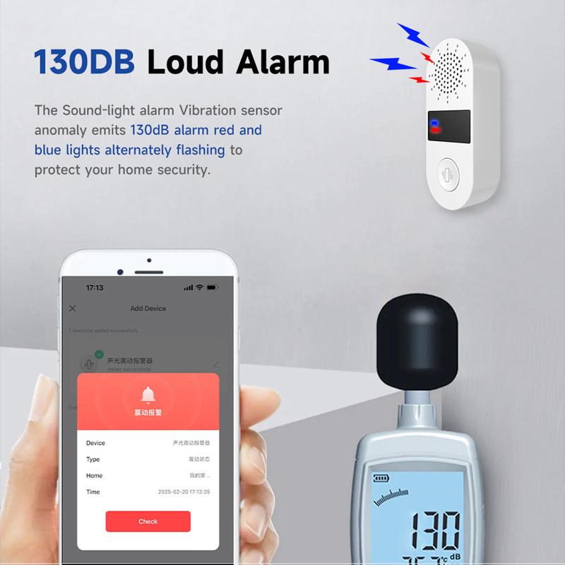 Tuya WiFi Vibration Sensor Detection 130DB Sound And Flashing Light Alarm Smart Life APP Real-Time Shock Alarm Alexa Google Home