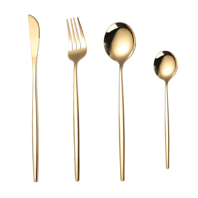 Portugal Gold Stainless Steel Cutlery Set: Four-Piece Knife, Fork, and Spoon Set for Steaks.