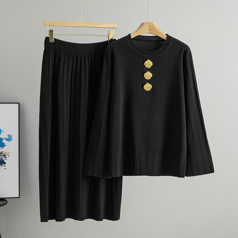

Women s Cross-Border Loose Suit: Spring/Autumn Sweater Cardigan & Pleated Skirt Two-Piece Set One Size чёрный