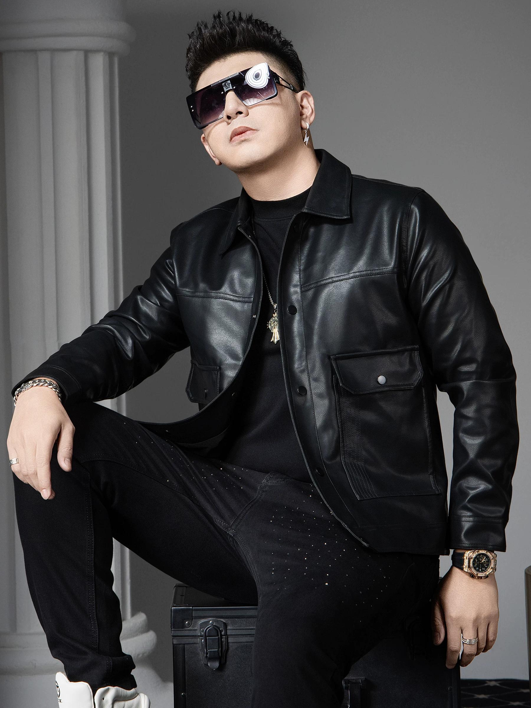

European Station 2025 Autumn New Fashion Brand Large Pocket Leather Jacket Men s Turn-Down Collar Solid Color Biker Leather Jacket L чёрный