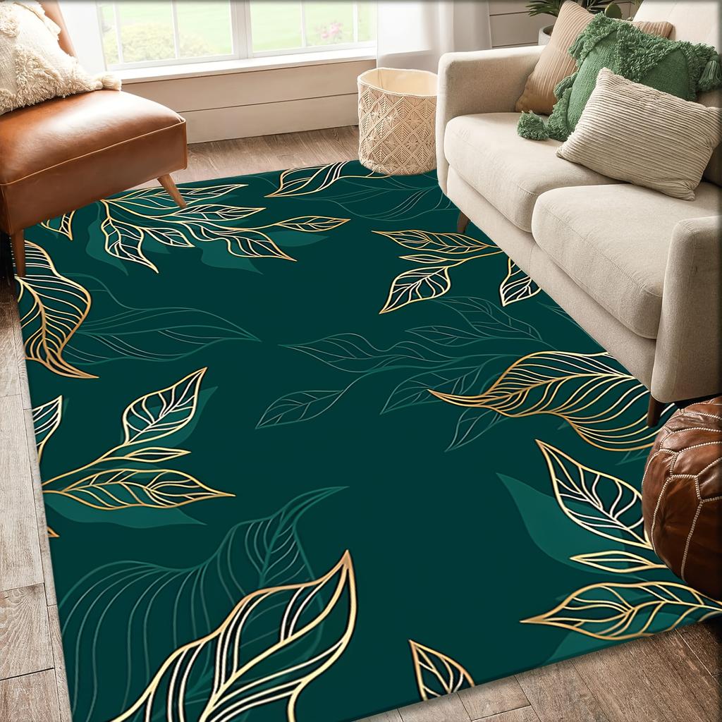 Flannel Printed Tropical Leaf Design Area Rug Green Gold Pattern Soft Non Slip Floor Mat For Living Room Bedroom Home Decor