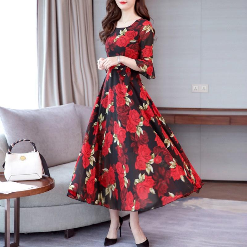 Summer Print Large Size Dress Long Paragraph Fashion Slim Big Swing Beach Skirt Female