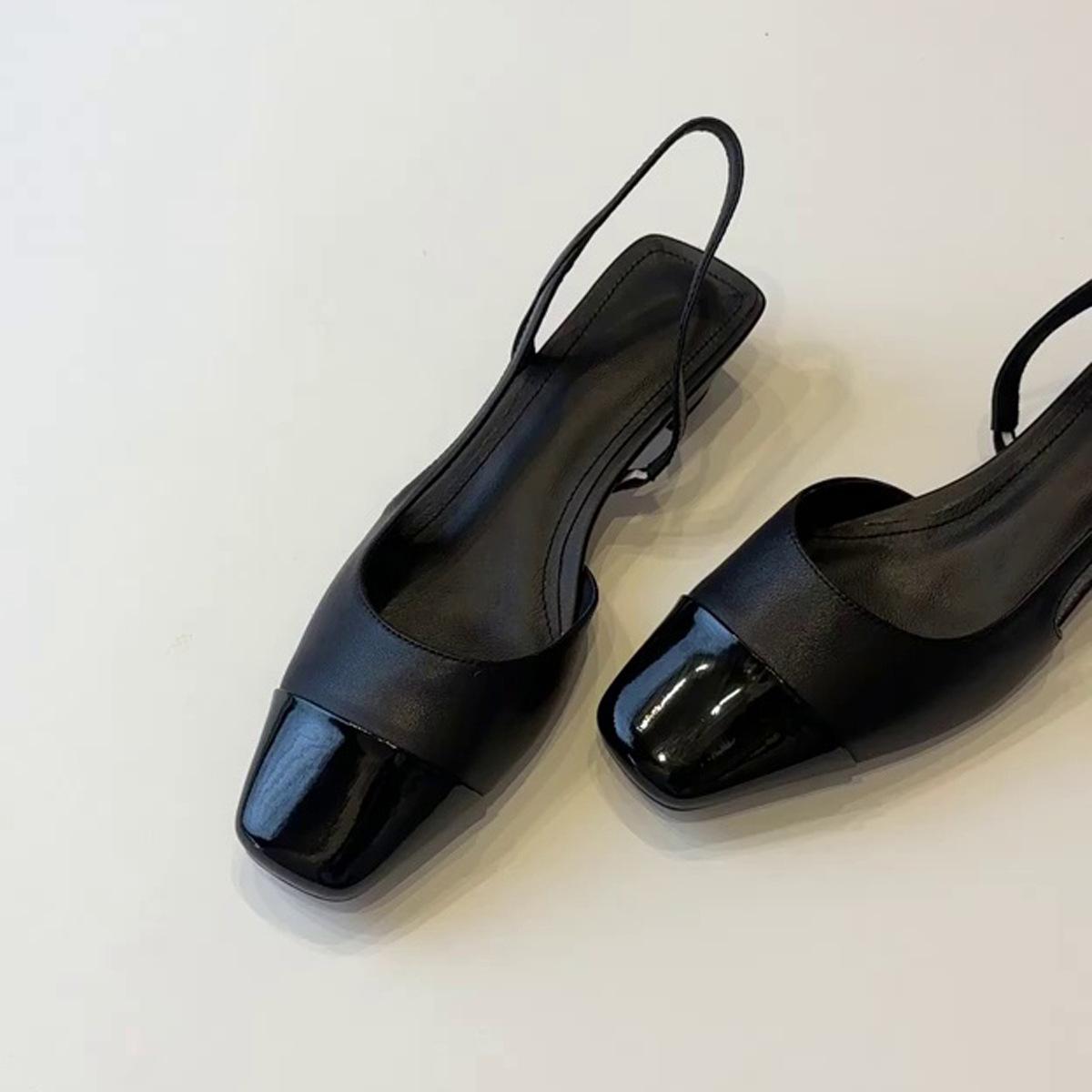 

Fashion 2025 New Women s Temperament Closed Toe Color Matching Thick Heel Sandals Fashionable Square Toe with Open Back Low-heeled Shoes 35 чёрный