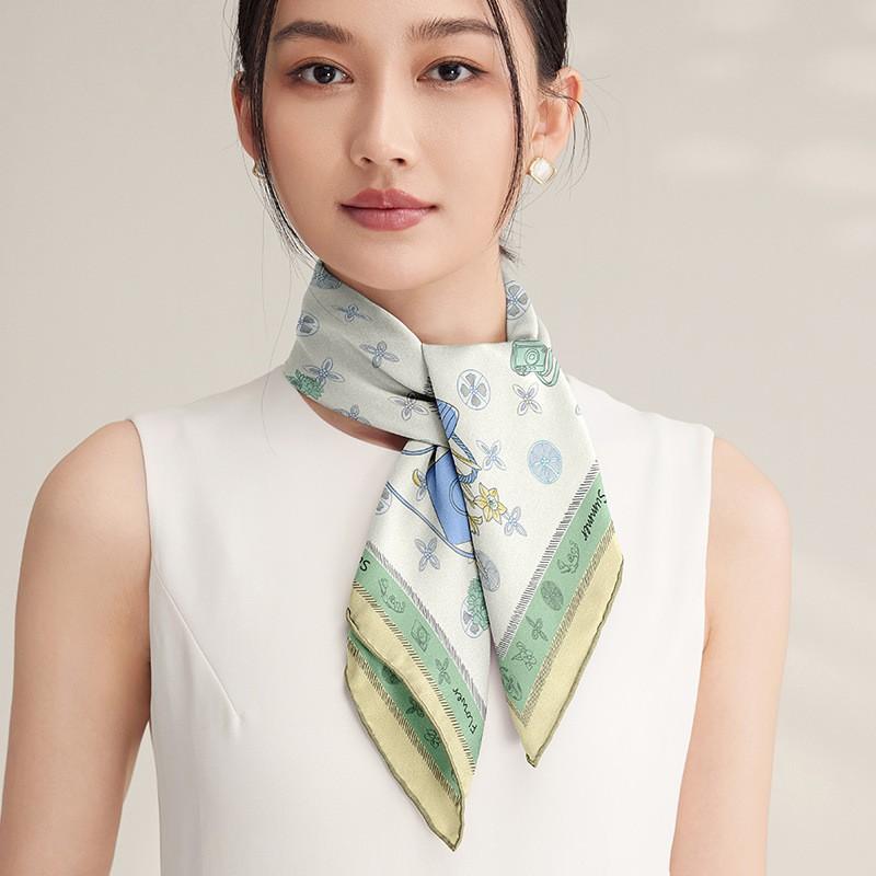64x64cm 100% Silk Twill Square Scarf - European Style Floral Print Women
