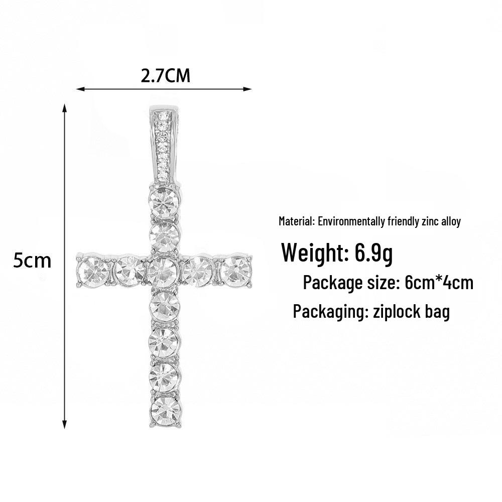 Eco-Friendly European & American Hip-Hop Zinc Alloy Rhinestone Cross Pendant Necklace with 4mm Diamond Tennis Chain