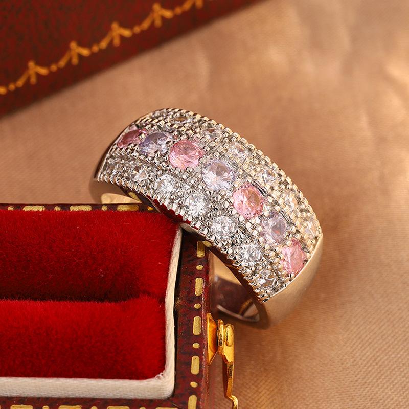 New European and American popular round ring with seven colored zirconia diamonds, elegant and high-end, half-circle full diamond, light luxury,