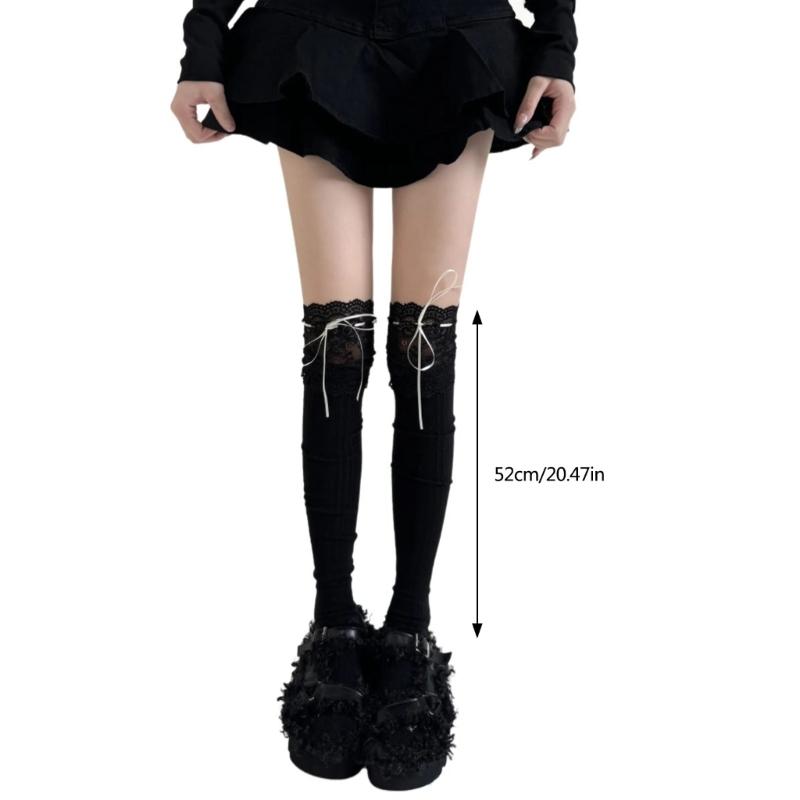 Ribbed Knit Striped Over Knee Long Socks for Women Japanese Student Sweet Bowknot Lace Splicing Thigh High Stockings