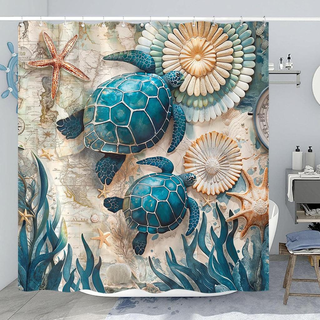 Sea Turtle Shower Curtain Ocean Map Starfish Shell Art Marine Life Design Beach Theme Bath Decor Waterproof Fabric