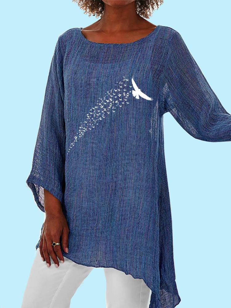 Women Fashion Print Thin Blouses 3/4 Spring&summer Long Sleeve Cotton Linen Top Female Casual Rpund Collar Loose Irregular Hem Shirt