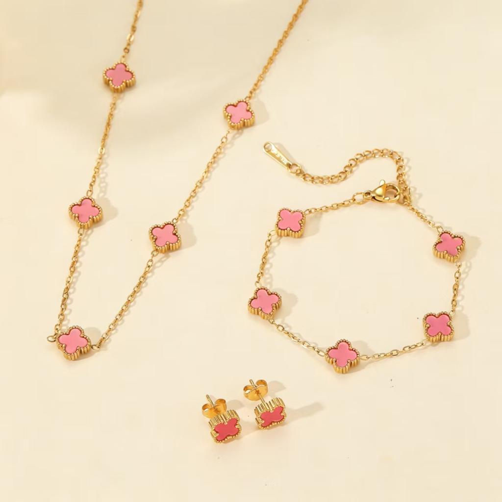 3PCS Double-sided Fritillary Titanium Steel Four-leaf Clover Five-flower Bracelet, Five-flower Necklace & Earring Set Gift