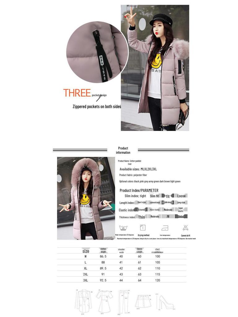 Women's Mid-Length 2024 Winter Cotton Coat with Large Fur Collar - European, American, and Korean Style, Plus Size, Thickened.