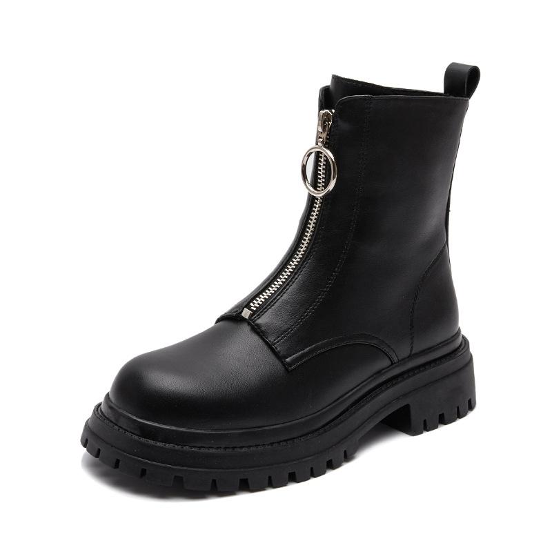 

British style platform leather Martin boots women s 2025 new autumn front zipper heightened thick heel thin short boots women s boots 35