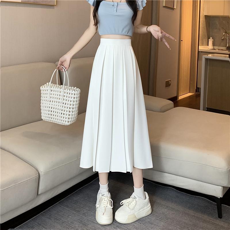 

Women s Chic Pleated A-Line Midi Skirt - Age-Reducing, Solid Color, Plus Size, Autumn Design 4XL вершковий/білий