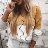 Women Fashion Loose Contrast Color V-neck Hollow Loose Knit Long-sleeved Sweater