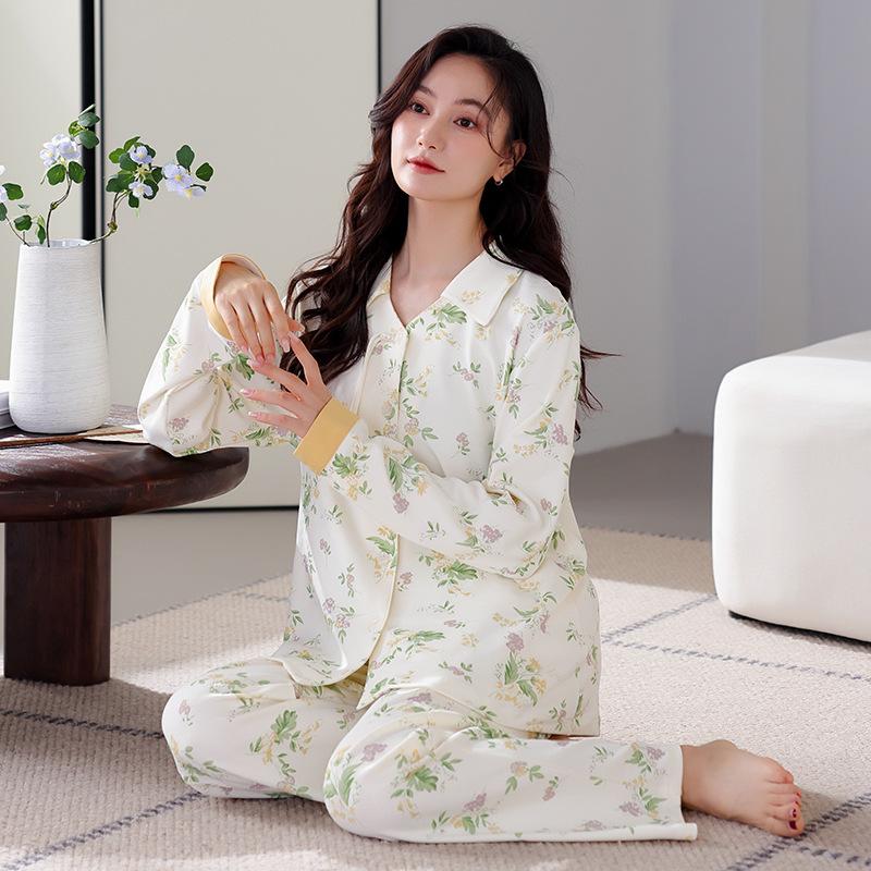 Pure cotton pajamas women's spring and autumn long-sleeved cardigan women's autumn new Chinese V-neck national style loungewear large size set