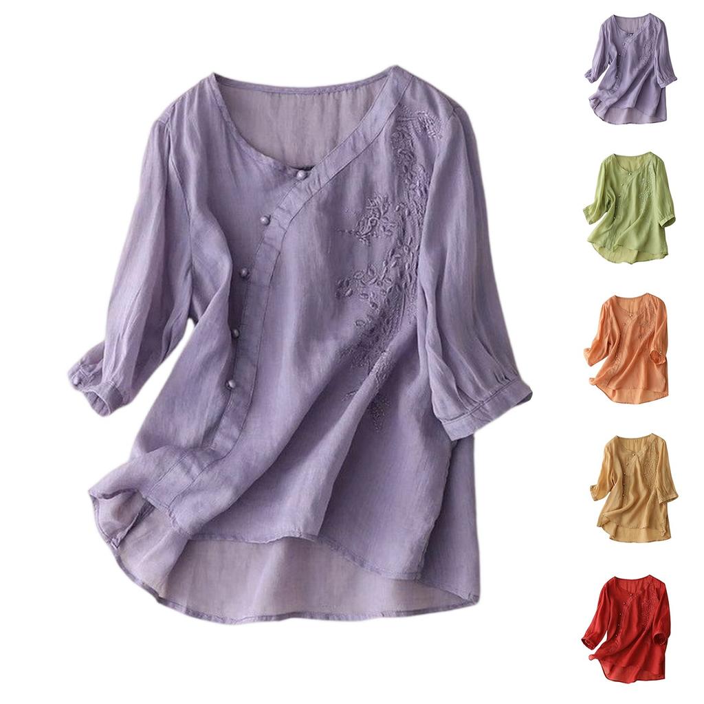 Women's Solid Color Cotton And Linen Short-sleeved Embroidered Retro Breathable T-shirt Round Neck Top