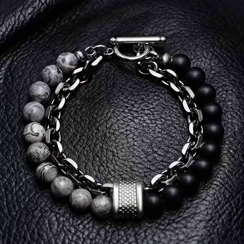 Malachit Kartenstein Herrenarmband - Perlenarmband aus Edelstahl im Retro-Stil - Schmuck
