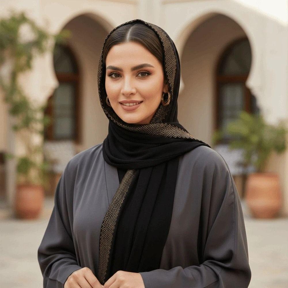 Long Smooth Silk Headscarf Sunscreen Thin Large Shawl Veil Rhinestone Chiffon Hijab Scarf  For Gift