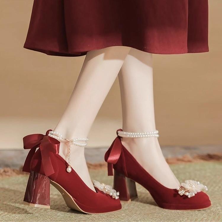 Bow Mary Jane high heels women's thick heel waterproof table platform platform small man height increase wedding shoes sister group bridesmaid shoes