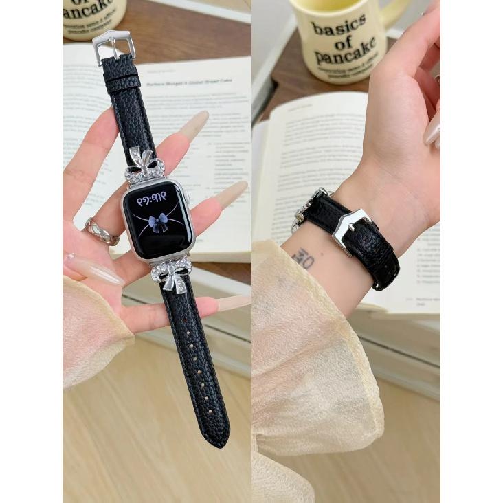 

New Bling Bow Leather loop For Apple Watch band women Series Ultra 10/9/8/7/6 38mm 40mm 41mm 42mm 44mm 45mm 46mm Strap 38mm40mm41mm 42mmS10 чёрный
