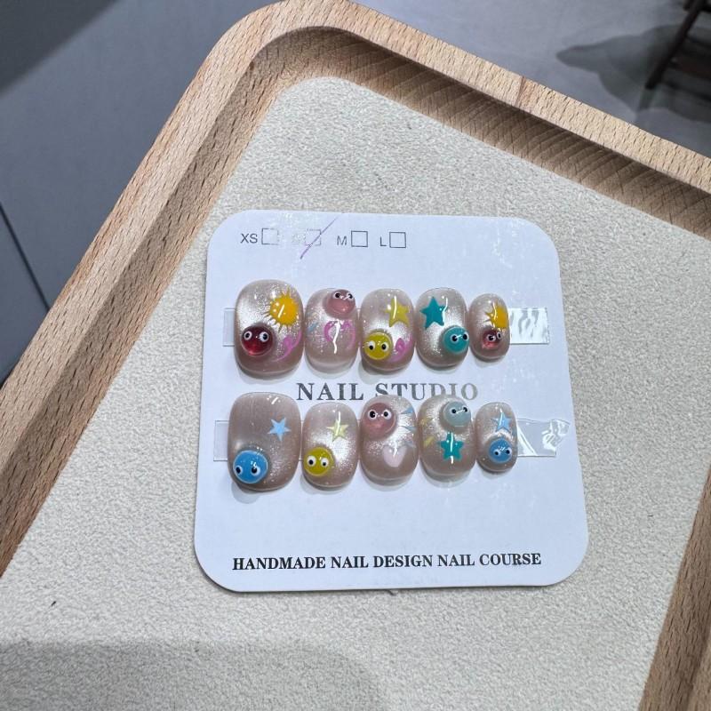 Short Cat Eye Press-On Nails Women - Handmade Slime Style Cute Cartoon Nail Tips Quick Application Whitening Effect Extra Small