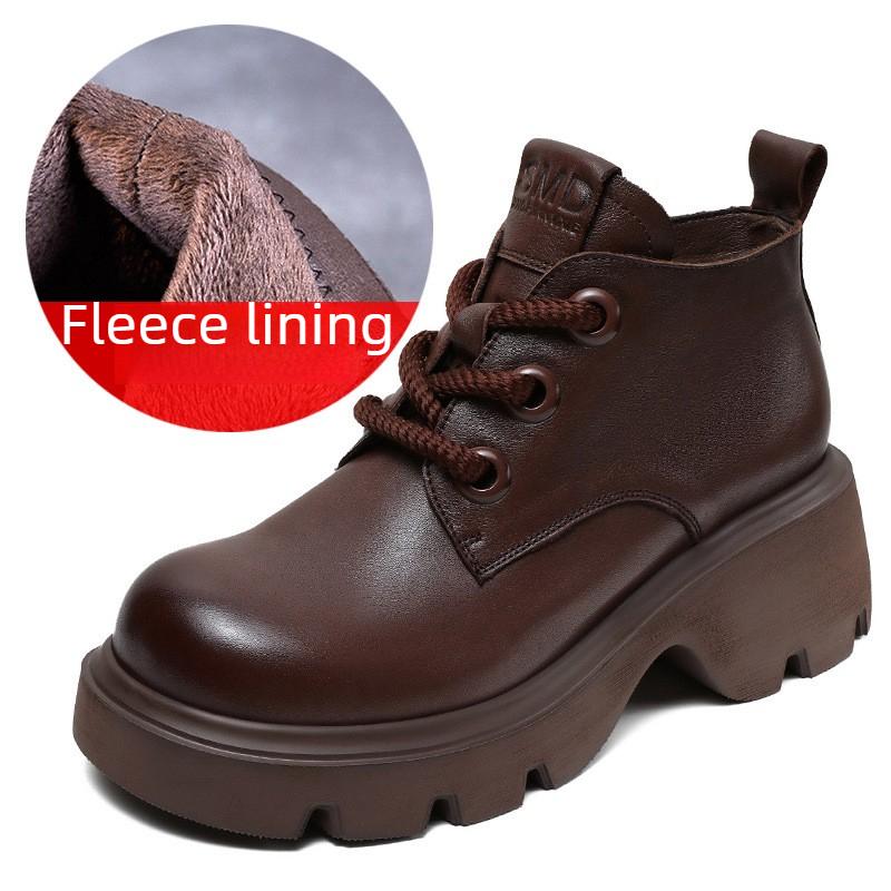 Genuine Leather High-top Platform Ankle Boots with Thick Soles Stylish Lace-up Design British Retro Style