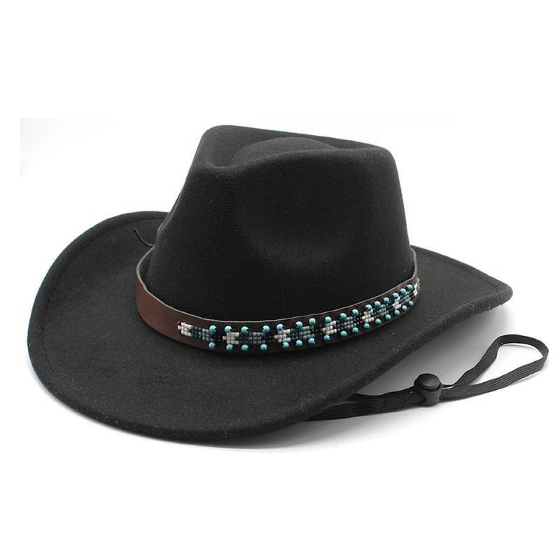 Tibetan Style Western Cowboy Hat Large Brim Wool Felt Hat 10 Colors Windproof Rope