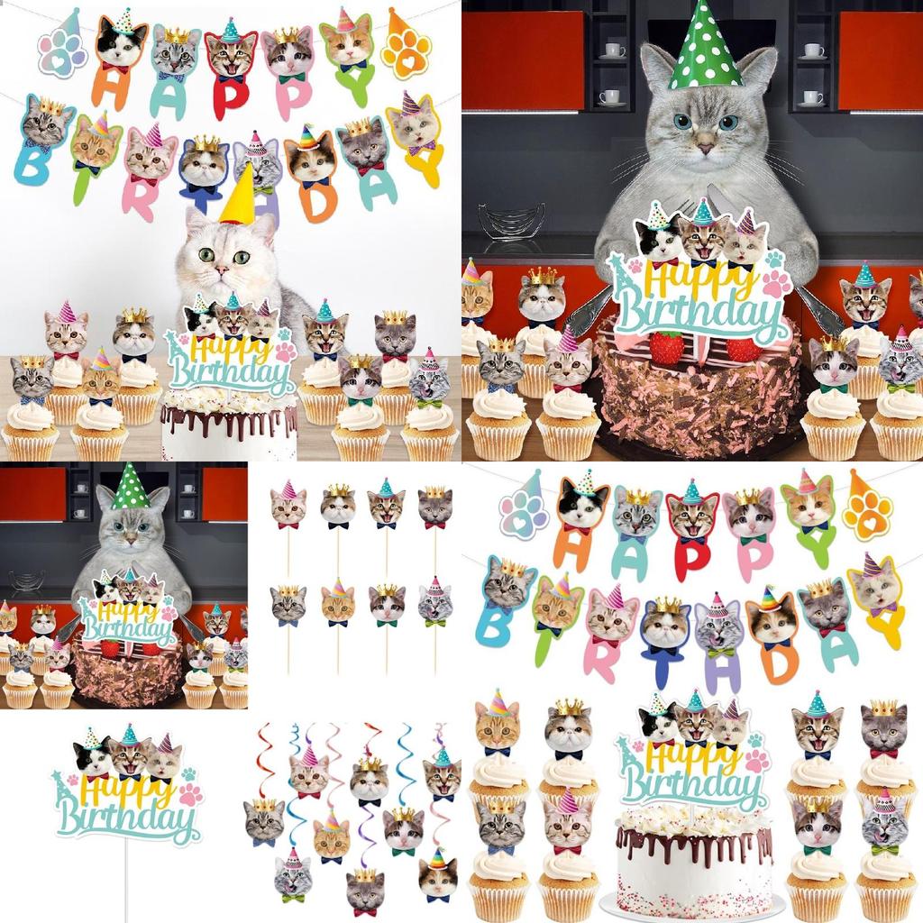 Delightful Cat-themed Birthday Celebration Supplies Featuring Cute Banners And Cake Picks