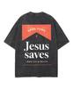 Jesus Saves Good News Cross Text Graphic Front Back Print Vintage Washed T-shirt Unisex Oversized Tee Religious Faith Casual Top