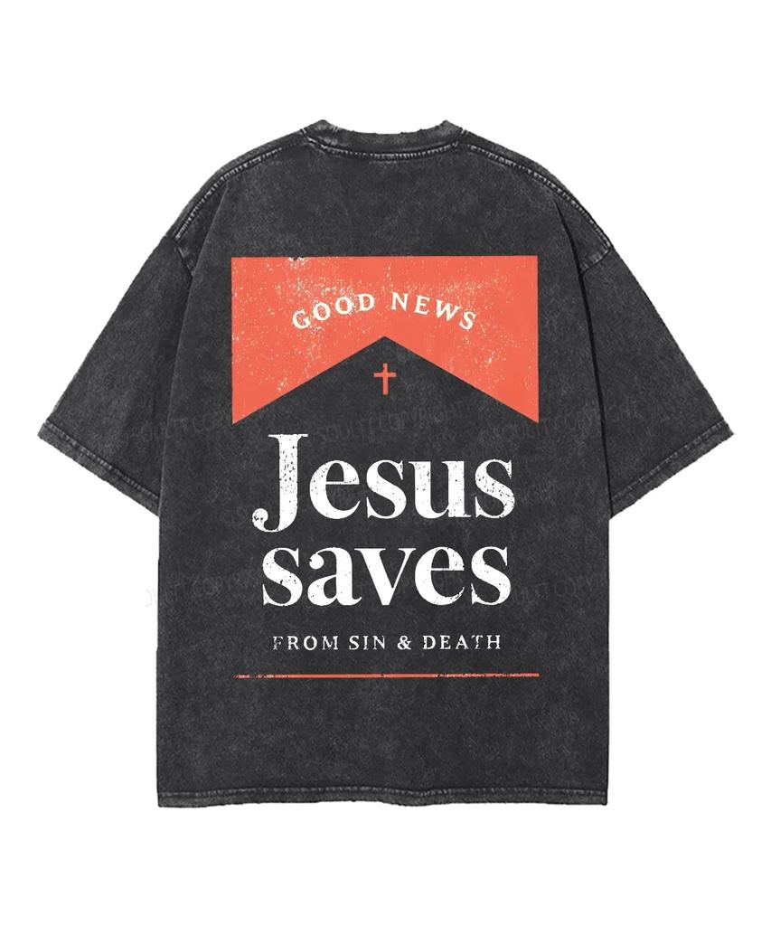 Jesus Saves Good News Cross Text Graphic Front Back Print Vintage Washed T-shirt Unisex Oversized Tee Religious Faith Casual Top