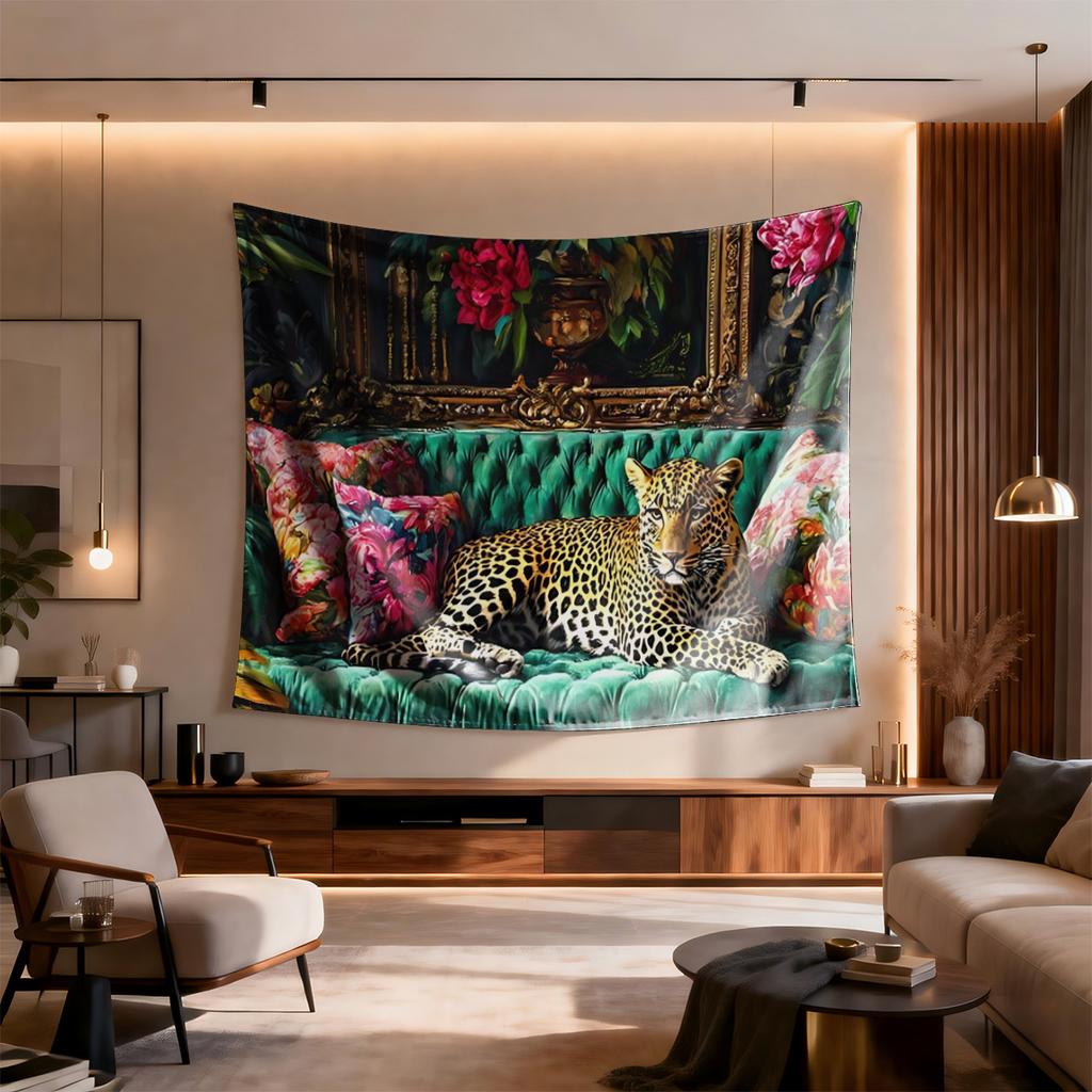 Leopard Sofa Tapestry  Floral Background Realistic Art Polyester 5161 in for Bedroom or Dorm